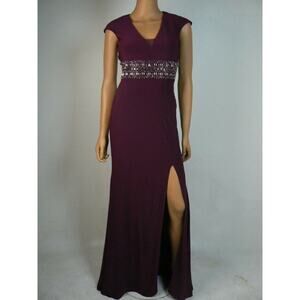 $289 Xscape Purple Vneck Side Slit Jersey Cap Sleeve Open Back Gown 0 NEW X234